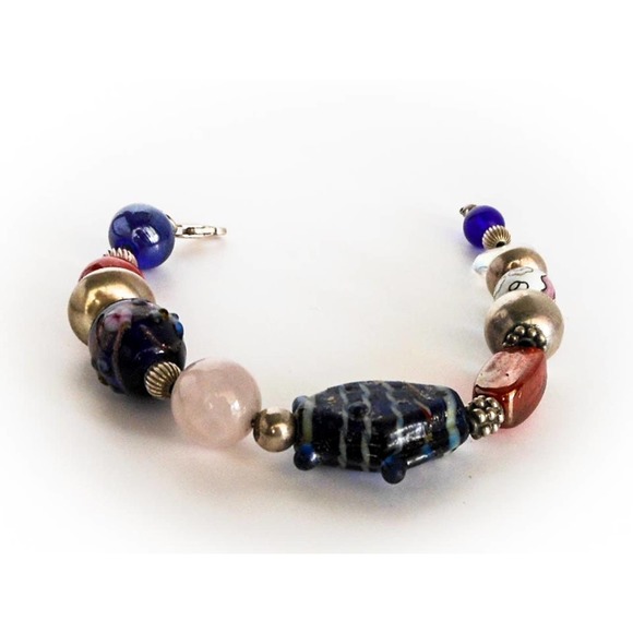 Vintage Sterling Silver Fish Charm Bracelet – Glass & Quartz 7" - Picture 2 of 5